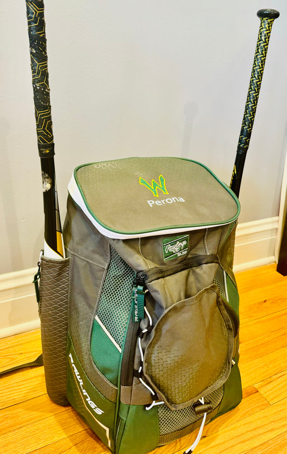 New Warriors Bat Bag--Rawlings Impulse Backpack--Dark Green Embroidery Bat Bag